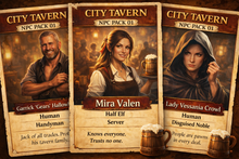 Load image into Gallery viewer, City Tavern -- NPC Pack 01 -- 10 NPC Printable Cards for DnD 5e and Fantasy RPGs