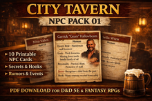 Load image into Gallery viewer, City Tavern -- NPC Pack 01 -- 10 NPC Printable Cards for DnD 5e and Fantasy RPGs